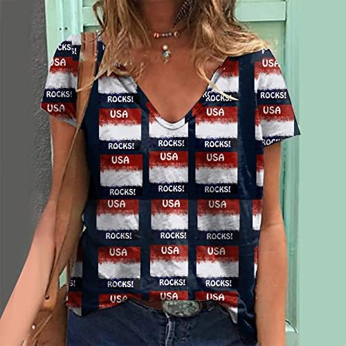 4th Temmuz Gömlek Kadınlar için Rahat Yaz Amerikan Bayrağı Gömlek Kısa Kollu V Boyun Yıldız Çizgili Kravat Boya Bluz