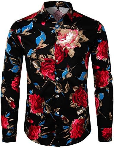 ZEROYAA erkek Çiçek Slim Fit Uzun Kollu Pamuk Casual Düğme Aşağı Elbise Gömlek