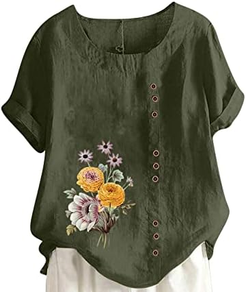 Kadın Pamuk Keten T Shirt, Sevimli Çiçek Grafik Tees Kısa Kollu Artı Boyutu Üstleri Rahat Gevşek Ekip Boyun Düğmesi