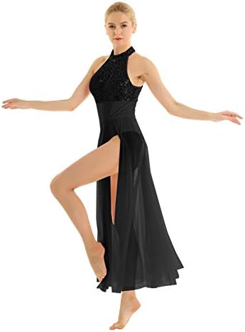 HULİJA kadın Modern Çağdaş dans kostümü Lirik Dans Elbise Halter Sequins Mesh Tül Yerleşimi Elbise