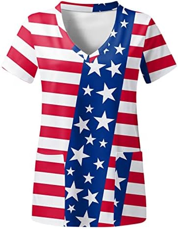 4th Temmuz Kadınlar için Abd Bayrağı Yaz Kısa Kollu V Boyun T-Shirt 2 Cepler Bluzlar Tatil Rahat İş Giysisi