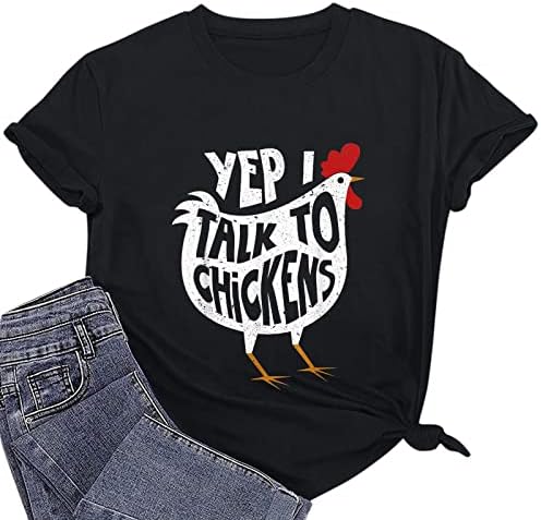 Kadın Yaz Gevşek Kazak Kısa Kollu T Shirt Komik Tavuk Mektubu Baskı Tee Bluzlar 2023 Roman Grafik Üst