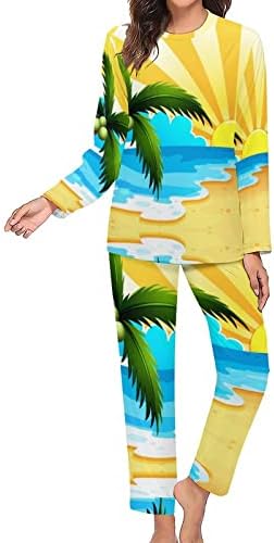 Hindistan cevizi Ağacı Plaj kadın Pijama Seti İki Parçalı Uzun Kollu Üst ve Pantolon Pijama Baskı Salonu