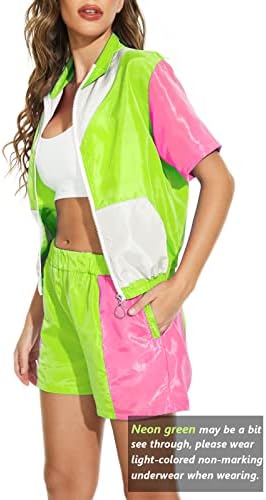 Yısfrı kadın Renk Bloğu Rüzgarlık 2 Parça Kıyafetler Kısa Kollu Zip Ön Elastik Bel eşofman takımı