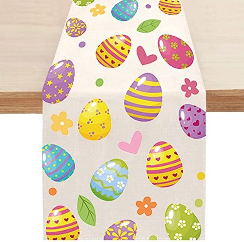 Mocossmy Paskalya Masa Koşucu, Renkli Paskalya Yumurtaları Çiçek Baskı Masa Dekorasyon Keten Çuval Bezi Masa Örtüsü