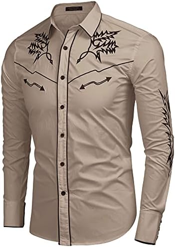 COOFANDY erkek Batı Kovboy Gömlek İşlemeli Uzun Kollu Pamuklu Casual Düğme Aşağı Gömlek