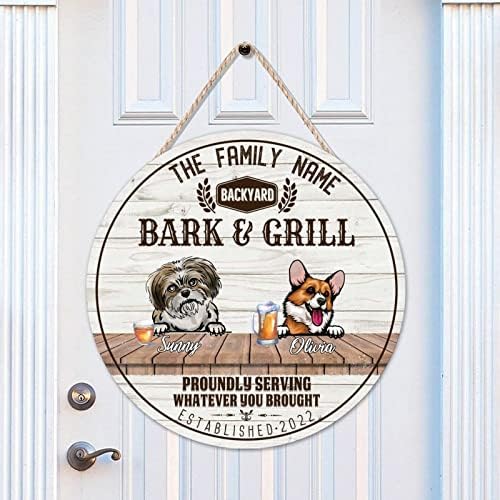 Mesllings Bark & Grill, Ahşap Kapı Tabelası, Özel Hayvanlar Yuvarlak Kapı Askısı Tabelası, 16 x 16 Köpek Yavrusu