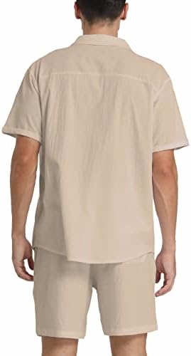 RPOVIG Keten Gömlek Kısa Kıyafetler: Erkek Plaj 2 Parça Casual Düğmeli Takımlar