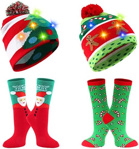 Echolife 4 Paket LED Noel Şapka Yenilik Ekip Çorap, Light up Noel Örme Bere Kap Parti İyilik Erkekler için Bayan