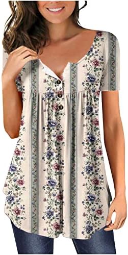 QTOCIO Kadın Tunik Üstleri Kısa Kollu Gömlek V Boyun Henley Bluzlar Çiçek Henley Tshirt Moda Rahat Dökümlü Pilili