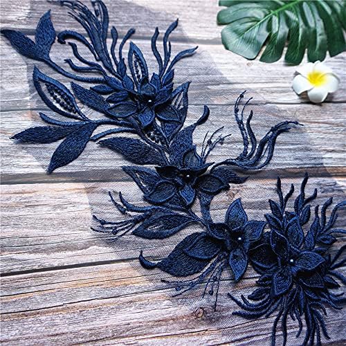 TWDYC Lacivert Nakış 3D Çiçek Püskül Dantel Kumaş Aplike Yaka Gelinlik Gelin Elbise DIY