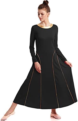 MYRISAM Yetişkinler Kadınlar Dikişli Övgü Elbise Ibadet Dans Elbise Uzun Kollu Altın Metalik Liturjik Tam Boy Giyim