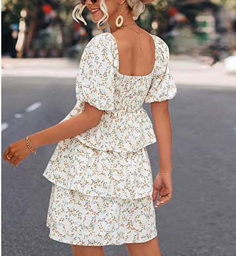 Kadın Yaz Kare Boyun Önlüklü Elbiseler Kısa Kollu Çiçek Baskı Fırfır Mini Elbise Rahat Dökümlü Salıncak Plaj Elbise