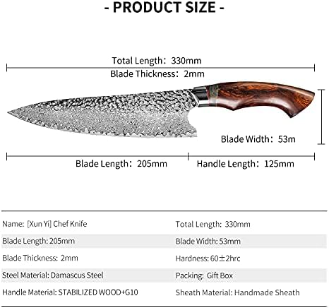 FZIZUO 8 inç Şam Çelik Japon şef bıçağı, profesyonel El Yapımı Çöl Ironwood Stabilize Ahşap Saplı Kılıf, pişirme