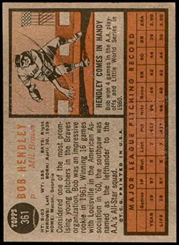 1962 Topps 361 Bob Hendley Milwaukee Braves (Beyzbol Kartı) VG Braves