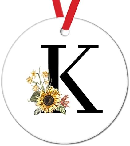 Ayçiçeği Monogram Mektup K Noel Süsler Sarı Gül Çiçek İlk Harf Yuvarlak Seramik Süsler Noel Süslemeleri için 3in
