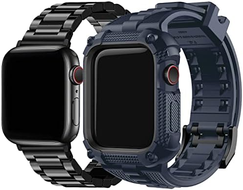 Fullmosa Uyumlu Paslanmaz Çelik Apple saat bandı 44mm Siyah kılıf ve Uyumlu Apple Watch silikon kauçuk bant 44mm