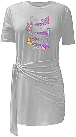 LKchoose Kadınlar yaz elbisesi Kısa Kollu Bodycon T Shirt Kısa Mini Elbise Kat Baskılı İlmek Kuşaklı Düzensiz Kısa