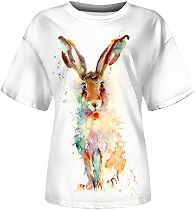 Komik Paskalya T Shirt Kadınlar için Renkli Tavşan Baskı Bluzlar Yuvarlak Boyun Kısa Kollu Tee Üstleri Rahat Tatil