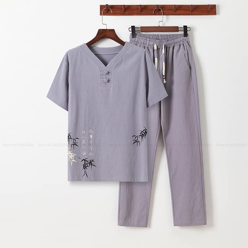 Keten Zen Çay Tee Üstleri Pantolon Kung Fu Üniforma Rahat bol tişört Çin Retro Tarzı Tang Takım Elbise Erkek Pantolon