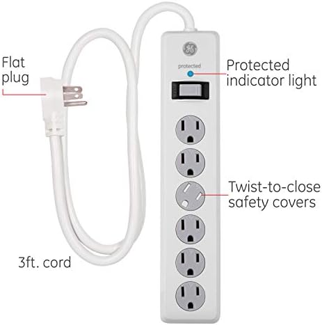 GE Dalgalanma Koruyucusu, 4 Çıkışlı 2 USB Bağlantı Noktası, Ekstra Uzun 8ft. Güç Kablosu, Beyaz , 25798 & GE 6 Çıkışlı