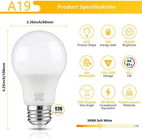 Maylaywood A19 LED Ampuller, 60 Watt Eşdeğer LED Ampuller, Yumuşak Beyaz 3000K, 800 Lümen, E26 Standart Taban, Kısılabilir