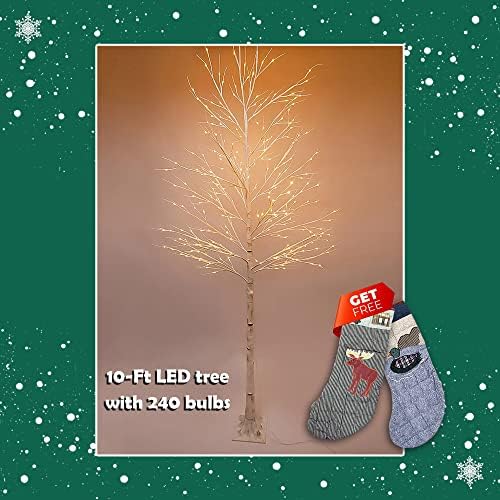 Önceden Aydınlatılmış LED Işıklı Noel Ağacı, 240 Sıcak Beyaz LED Ampullü 10 Ft Yüksekliğinde Beyaz Huş Ağacı-Şimdi