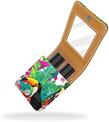 Çanta için Ayna ile Mini Ruj Kılıfı, Toucan Palmiye Yaprakları Taşınabilir Kılıf Tutucu Organizasyon
