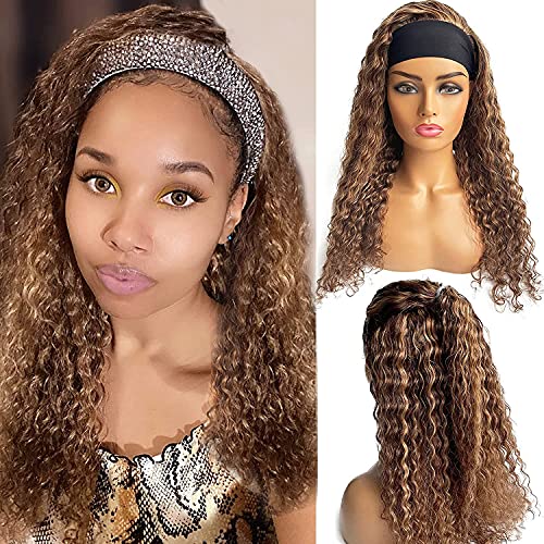 Kıvırcık kafa bandı peruk siyah kadınlar için insan saçı peruk 16 inç orta kahverengi karışık karamel sarışın derin
