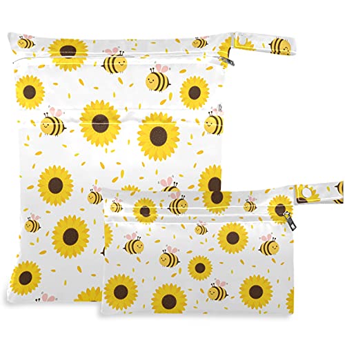 visesunny Pretty ayçiçeği arı 2 adet fermuarlı cepli ıslak çanta Yıkanabilir kullanımlık Seyahat için geniş, Plaj,