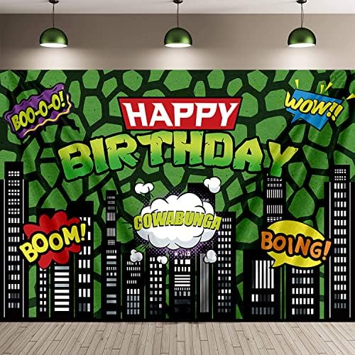 BİNQOO 5x3ft Karikatür Doğum Günü Zemin Yeşil Amerikan Çizgi Roman Şehir Manzarası Binalar Fotoğraf Arka Plan Kaplumbağa