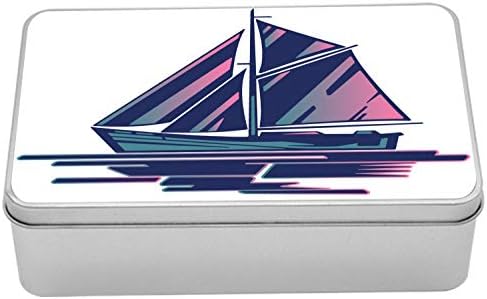 Ambesonne Yelkenli Tekne Metal Kutu, Düz Zemin Deseninde Sürekli Yelkenli Tekne 80'lerin Stili, Kapaklı Çok Amaçlı