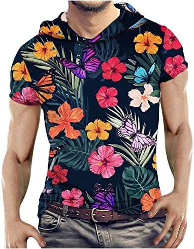 Yeni erkek 3D Plaj Baskı T-shirt Rahat Spor Kapşonlu Kısa kollu Üst / gömlek Bluzlar