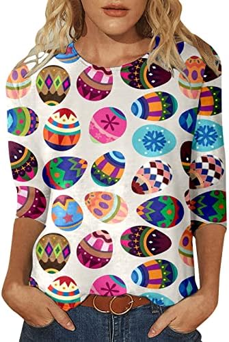 Paskalya Gömlek Kadınlar için 3/4 Kollu Tişört Üst Moda Rahat Çiçek Baskı Gevşek Fit Uzun Kollu Düz Gömlek