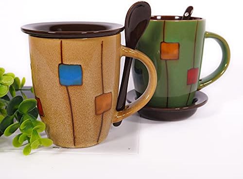 12 Oz El Boyalı Kahve Kupa Seti (2'li Set),Kapaklı ve Kaşıklı Benzersiz Retro Seramik Çay Bardağı, Mikrodalga ve