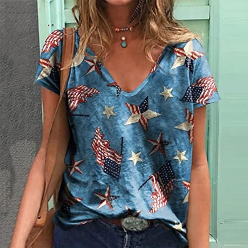 ZEFOTİM Dördüncü Temmuz Gömlek Kadınlar için 2023 Kısa Kollu V Boyun Yaz Moda Rahat Amerikan Bayrağı Bluzlar Tops
