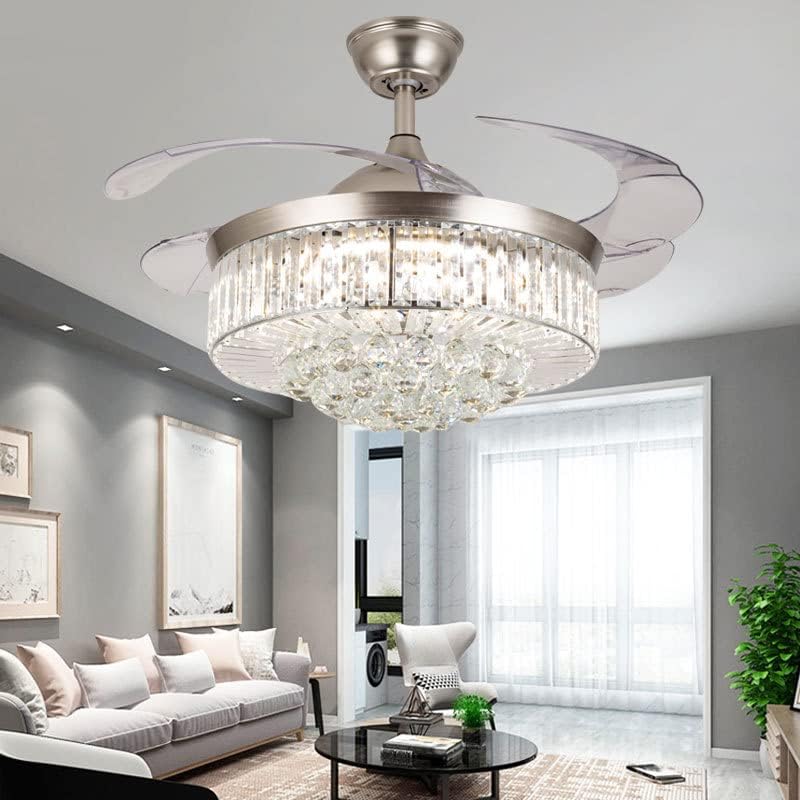 Kristal Led ışıklı tavan fanı Görünmez Lüks Kristal Gümüş LED Lamba Uzaktan Kumanda ile Modern Ev için