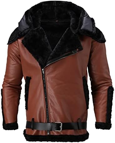 XXBR PU Deri Ceket Mens, Eğik Fermuar Yaka Yaka Faux kürk Kapşonlu Ceketler Kış Sıcak Peluş Parka Kemer ile