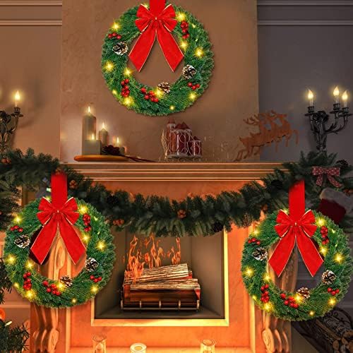 3 Adet Işıklı Noel Çelengi Ön Kapı için 15 inç Önceden Aydınlatılmış Noel Çelengi Büyük Kırmızı Fiyonklu Noel Açık