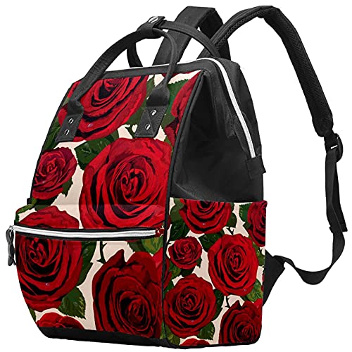 Büyük Bebek bezi çantası Sırt Çantası, Güzel Kırmızı Güller Yeşil Yapraklar Desen Bez Torba Seyahat Sırt Çantası
