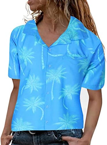 Kraliyet Mavi Gençler Kısa Kollu Bluz Grafik Gömlek Tops Kaplumbağa Boyun Spandex Plaj Hawaii Tropikal Bluz Düğmesi