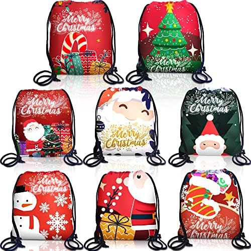 Twakashıc 8 Adet Noel Büyük İpli Goody Çanta Sırt Çantası 8 Tasarımlar, 13.7 * 11.8 İnç Kardan Adam Santa Noel Ağacı