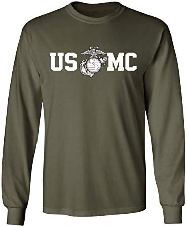 Şanslı Binmek Deniz Piyadeleri Boğa Köpek Ön ve Arka USMC erkek tişört Uzun Kollu