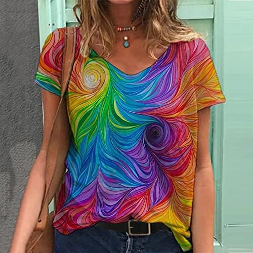 3D Grafik Degrade Renk Üstleri Kadın Rahat Moda Gökkuşağı Tees Kısa Kollu Scoop Boyun Bluz Casual Gevşek Fit T Shirt