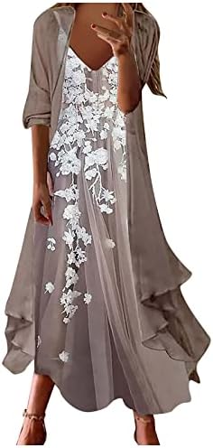 NIUQI Kadınlar Maxi Elbise Çiçek Baskı Flowy Kolsuz Elbise Uzun Ceket ile 2 Parça Set Düğün Konuk