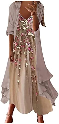 NIUQI Kadınlar Maxi Elbise Çiçek Baskı Flowy Kolsuz Elbise Uzun Ceket ile 2 Parça Set Düğün Konuk