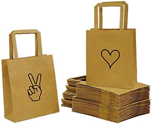 Barış ve Sevgi Hediye Çantaları (50 adet, 25 barış ve 25 Aşk) Kraft kağıt torbalar, Kulplu kağıt torbalar (6.8x3.5x8.3)