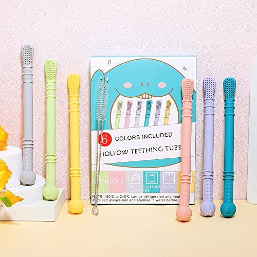 Meartchy 6 Paket İçi Boş Diş Kaşıyıcı Tüpler, diş çıkartma oyuncakları Bebek Bebekler için 0-6 Ay, silikon Çiğnemek