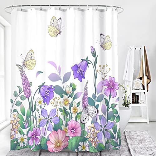 BECAN Bahar Duş Perdesi, Mor Pembe Çiçek Kelebek Bahar Çiçek Polyester Kumaş Kalınlaşmak Aydınlatmak Banyo Duş Perdesi