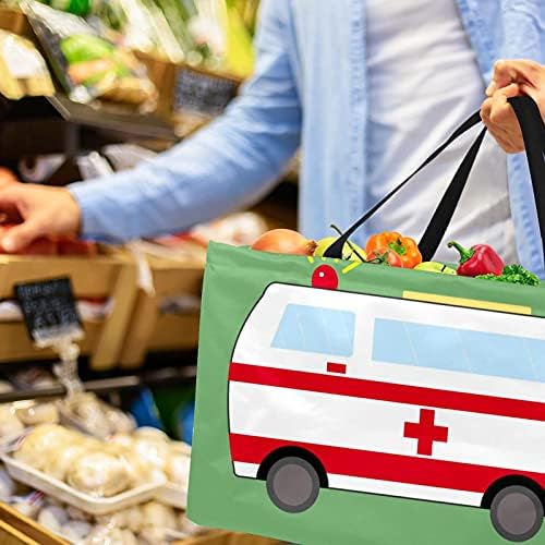 KAMYONLAR Karikatür Ambulans Yeşil Arka Plan Kullanımlık Katlanabilir Dayanıklı Bakkal Alışveriş Çantası-Ağır Büyük
